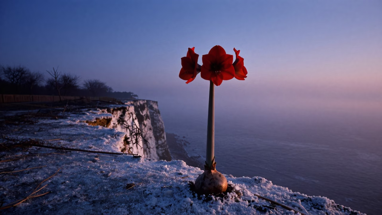Crimson Amaryllis Blooms on Misty Winter Cliff in along a salt-sprayed cliff edge near Colchester