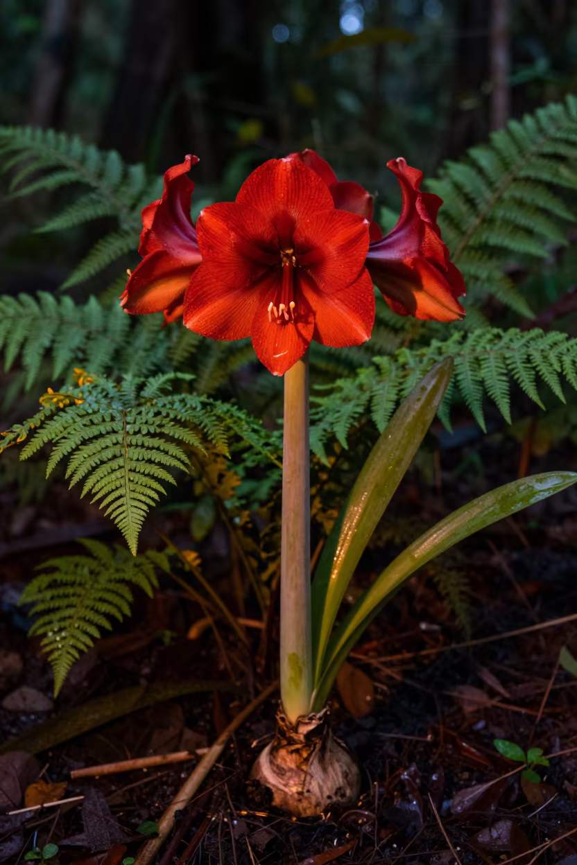Crimson Amaryllis Blooms in Rainy Forest in on a fern-lined forest floor near Port Moresby