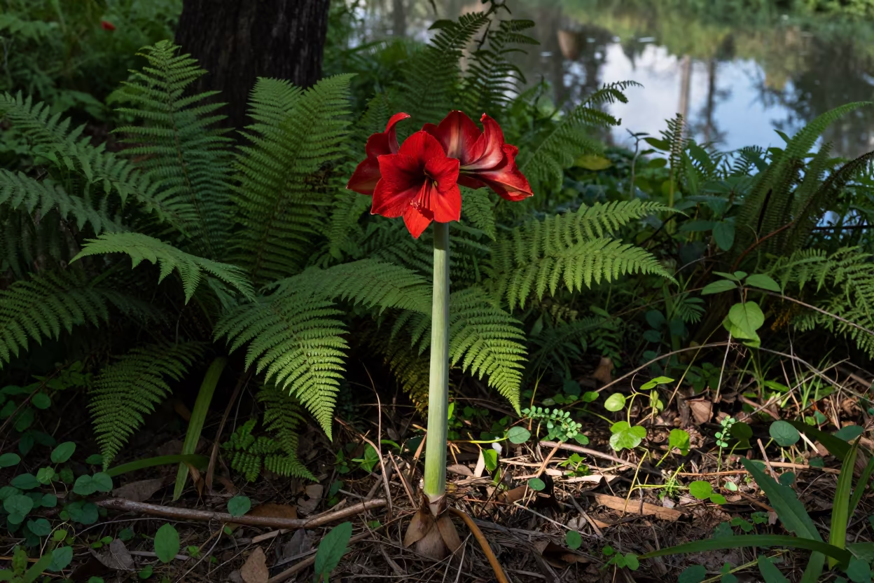 Crimson Amaryllis on Forest Floor Near Abbottabad in on a fern-lined forest floor near Abbottabad