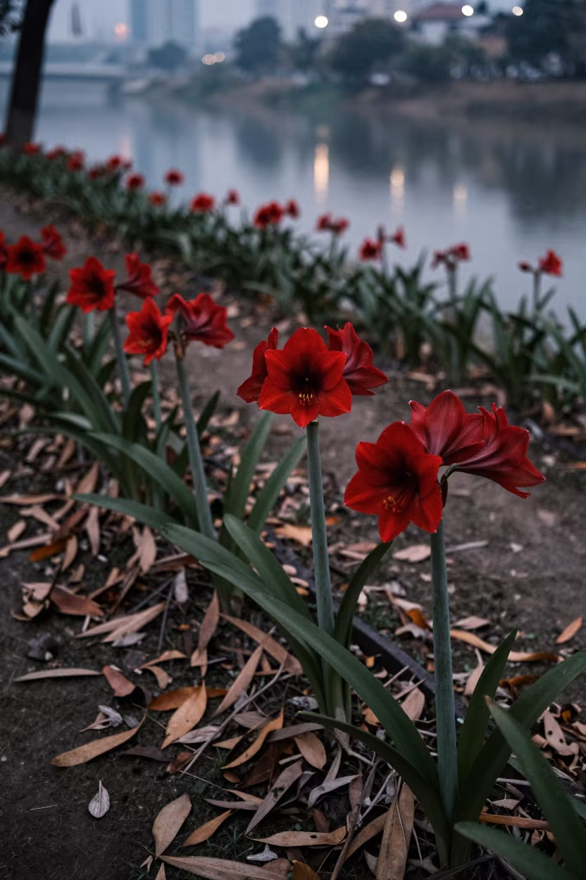 Crimson Amaryllis Near Ghorahi City Lights in among terraced garden plots near Ghorahi