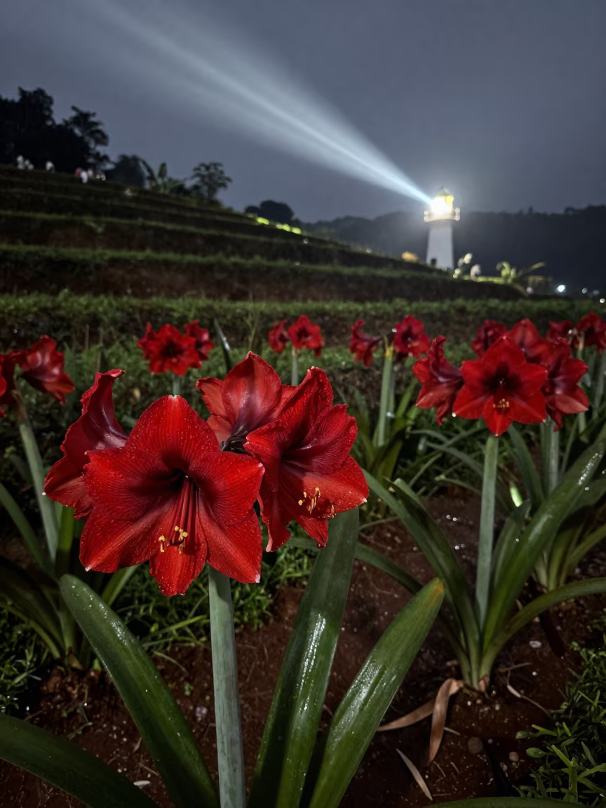 Crimson Amaryllis Under Lighthouse Light Laos in among terraced garden plots in Laos