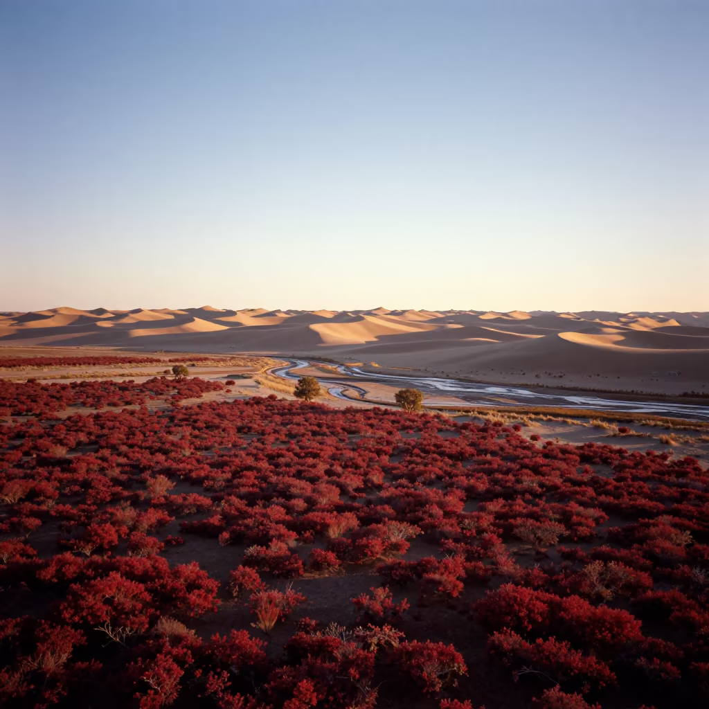 Crimson Blueberry Barrens Aerial View in above dune fields and dry wadis in California