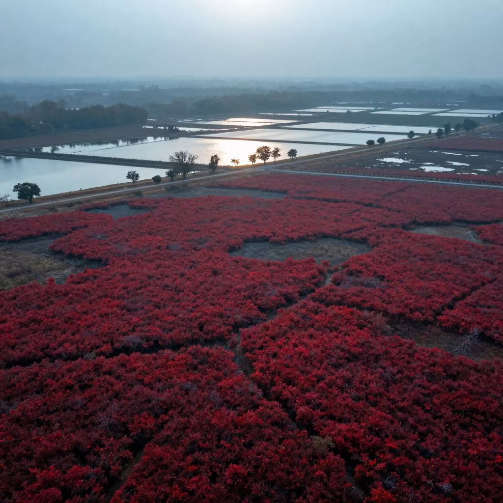 Crimson Blueberry Barrens Over Bhopal Salt Ponds in high over salt ponds and causeways near Bhopal