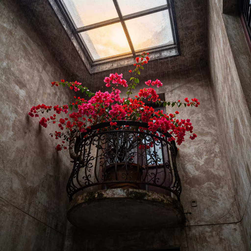 Crimson Bougainvillea on Wrought Iron Balcony in inside a skylit passageway in Wuhan