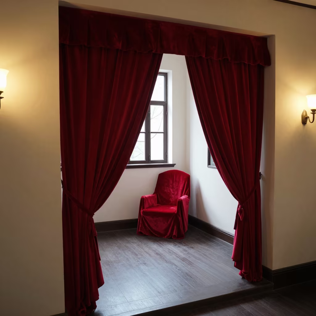 Crimson Curtain Rising on Velvet Chair in on a velvet chair near Hangzhou