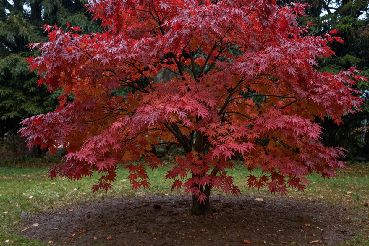 Crimson Japanese Maple in Bogota Rainy Season Light in near Bogota
