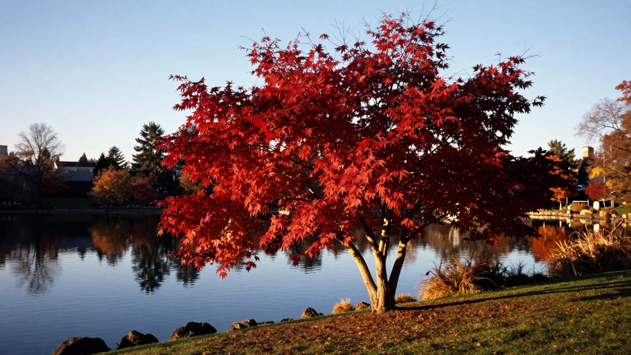 Crimson Japanese Maple Reflecting in Seattle Lake Union Water During Late Afternoon Sunlight in in Seattle, Washington, United States