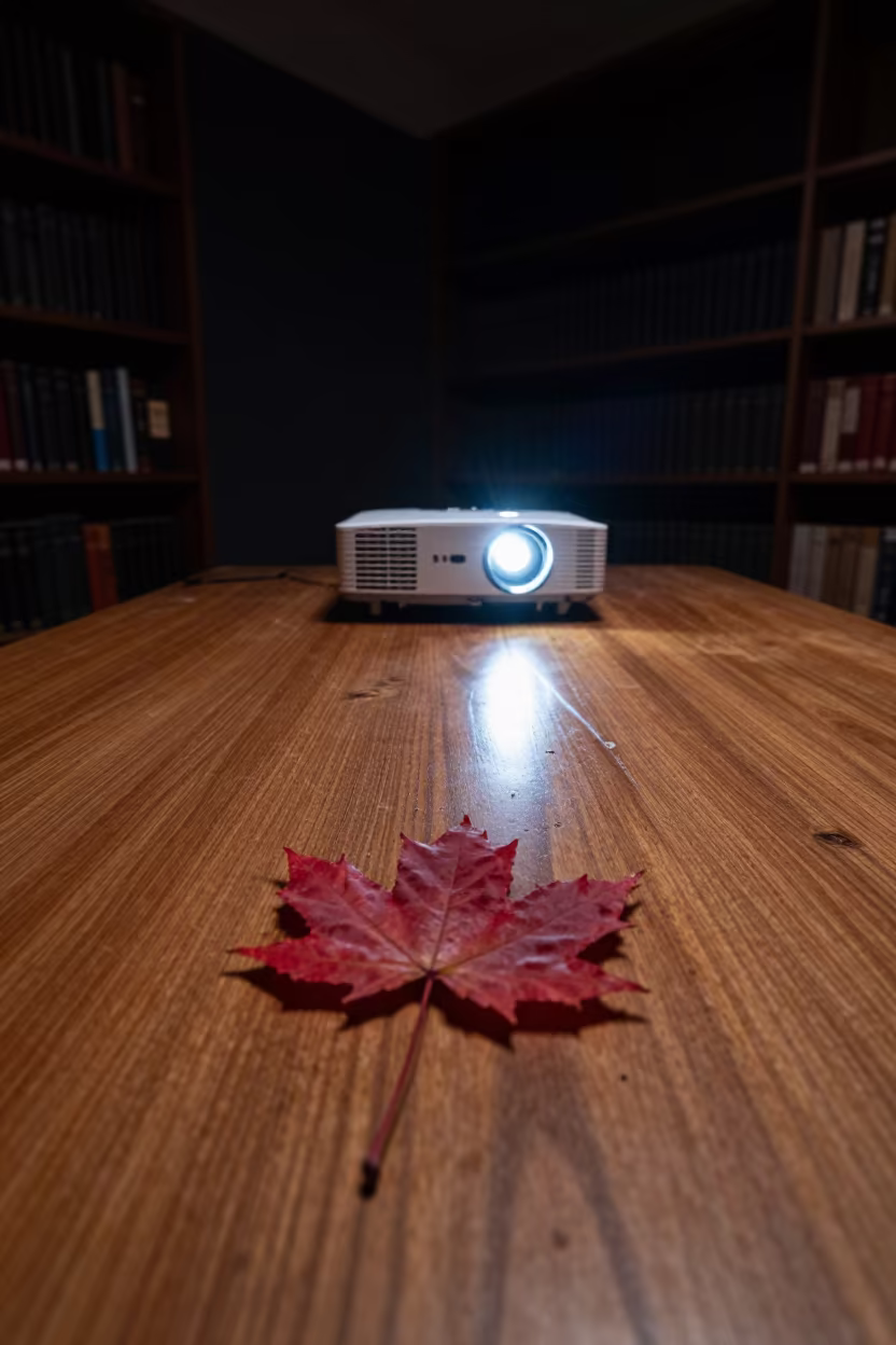 Crimson Maple Leaf on Dusty Library Table in on a dusty library table near Ajman