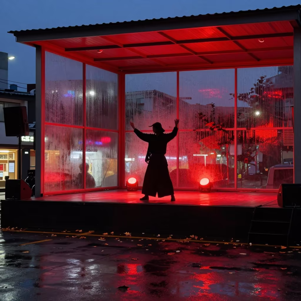 Crimson Silhouette Monologue on Daegu Street in at a street corner busking spot in Daegu