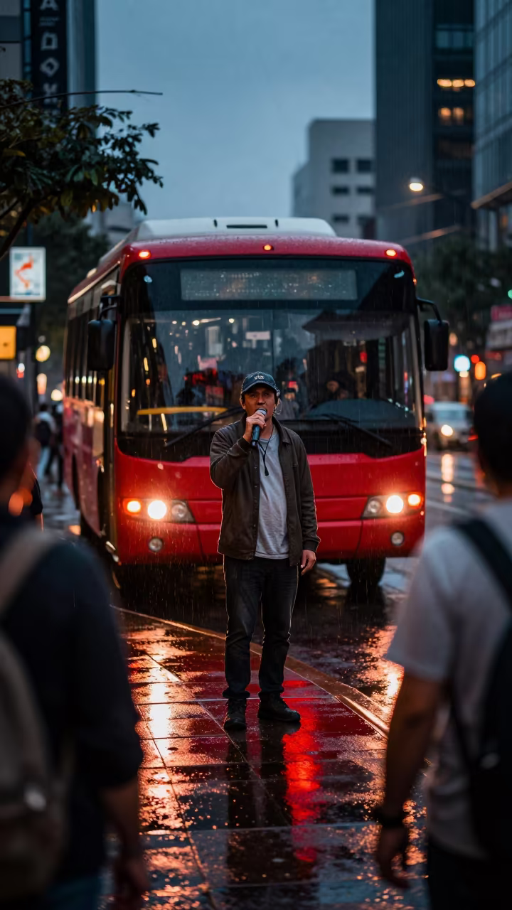 Crimson Stage Light on Abiko Street Corner Busker in at a street corner busking spot in Abiko