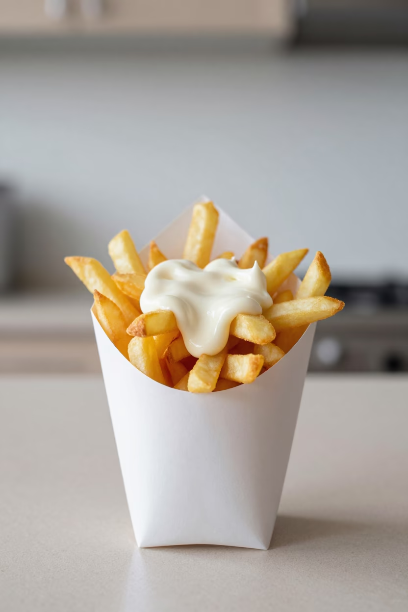 Crispy Belgian Frites Cone with Mayo on Astana Counter in on a kitchen worktop in Astana