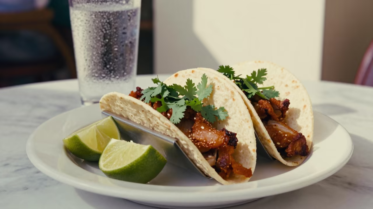 Crispy Carnitas Tacos with Lime and Cilantro in on a marble cafe table in Thonburi, Bangkok