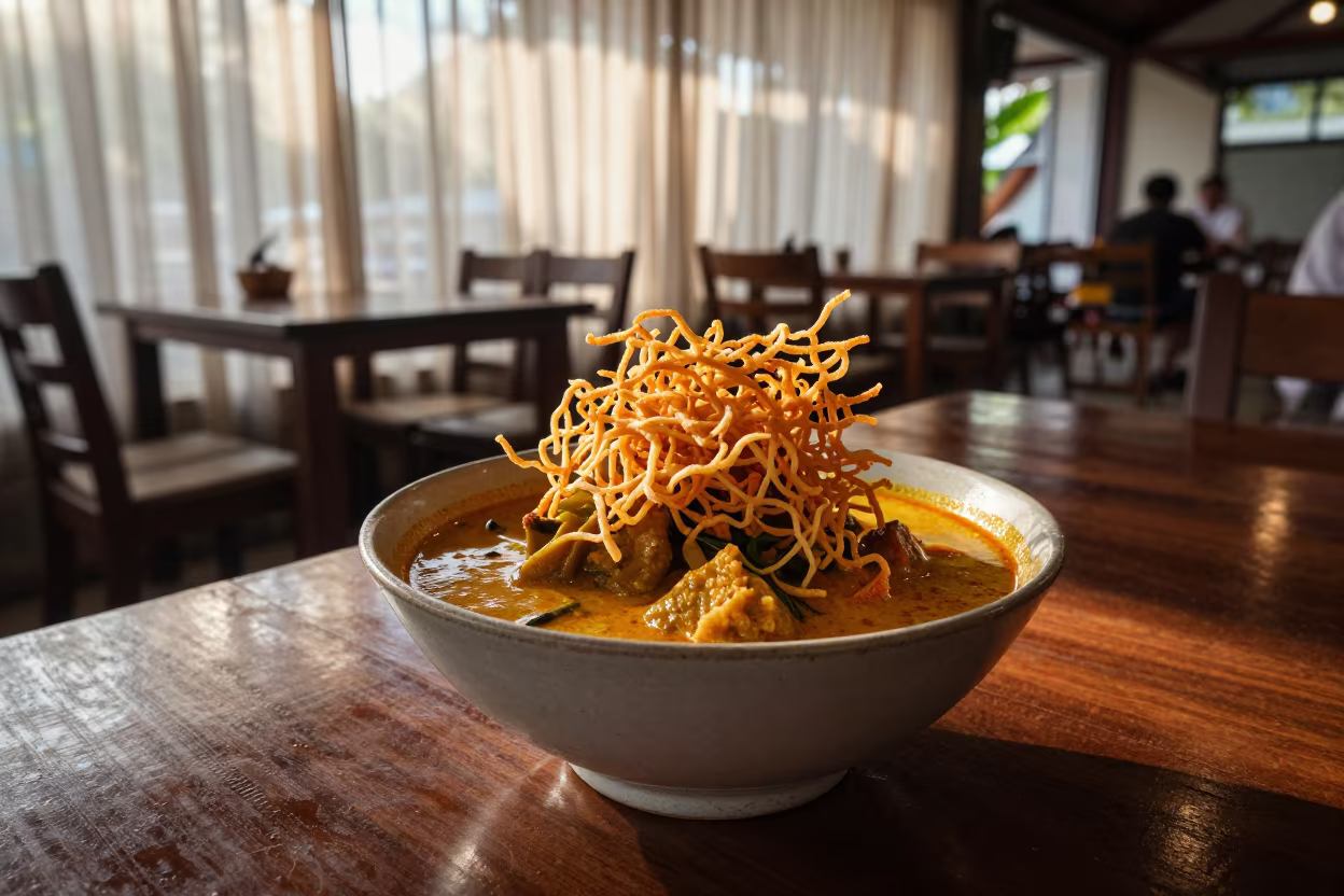 Crispy Noodle Nest Bowl in Phuket Restaurant in on a restaurant table in Phuket