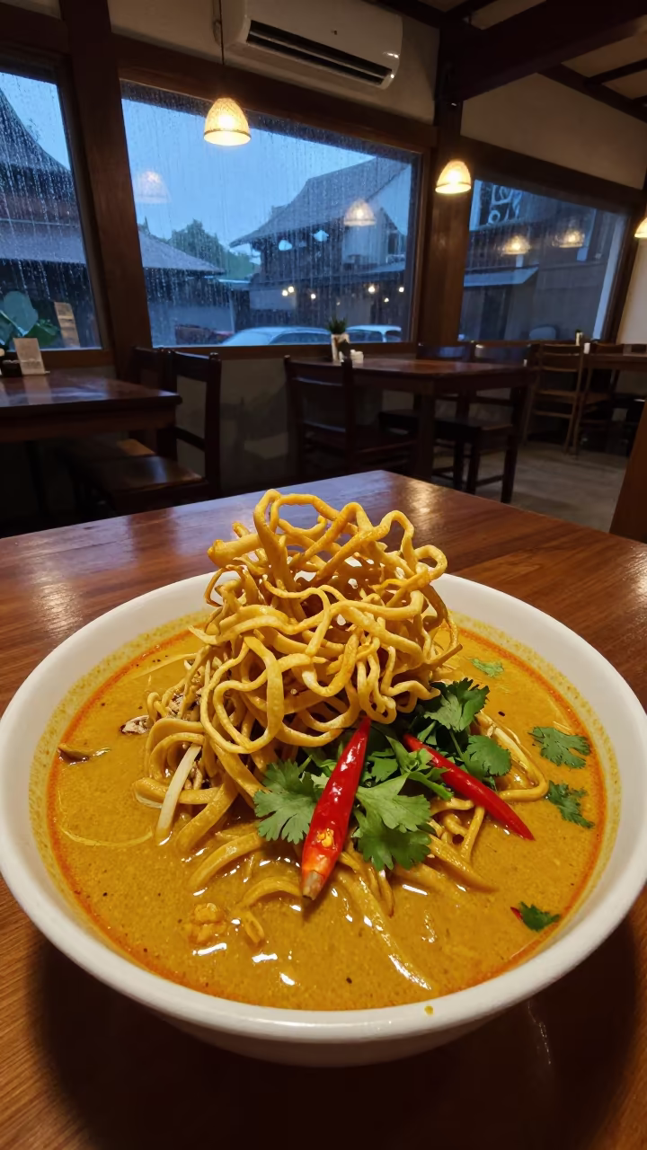 Crispy Noodle Nest Over Khao Soi in Chiang Mai in on a restaurant table in Chiang Mai