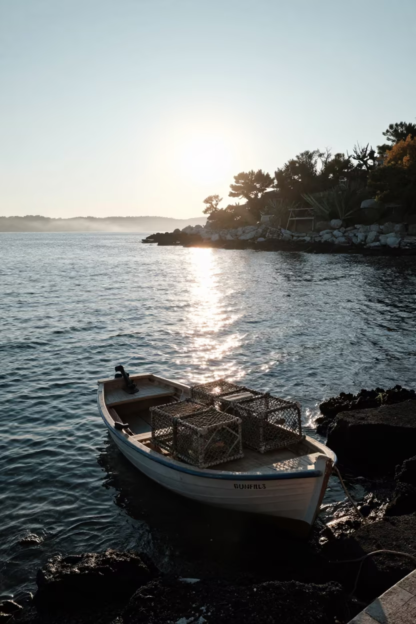 Croatian Boat Hauling Crab Pots at Dawn in beside a volcanic drop-off in Croatia