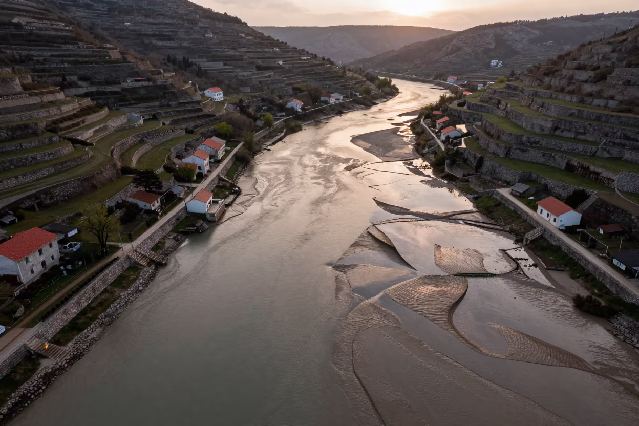 Croatian Estuary Low Tide Terraced Hills Evening Rain in far above terraced hillsides in Croatia