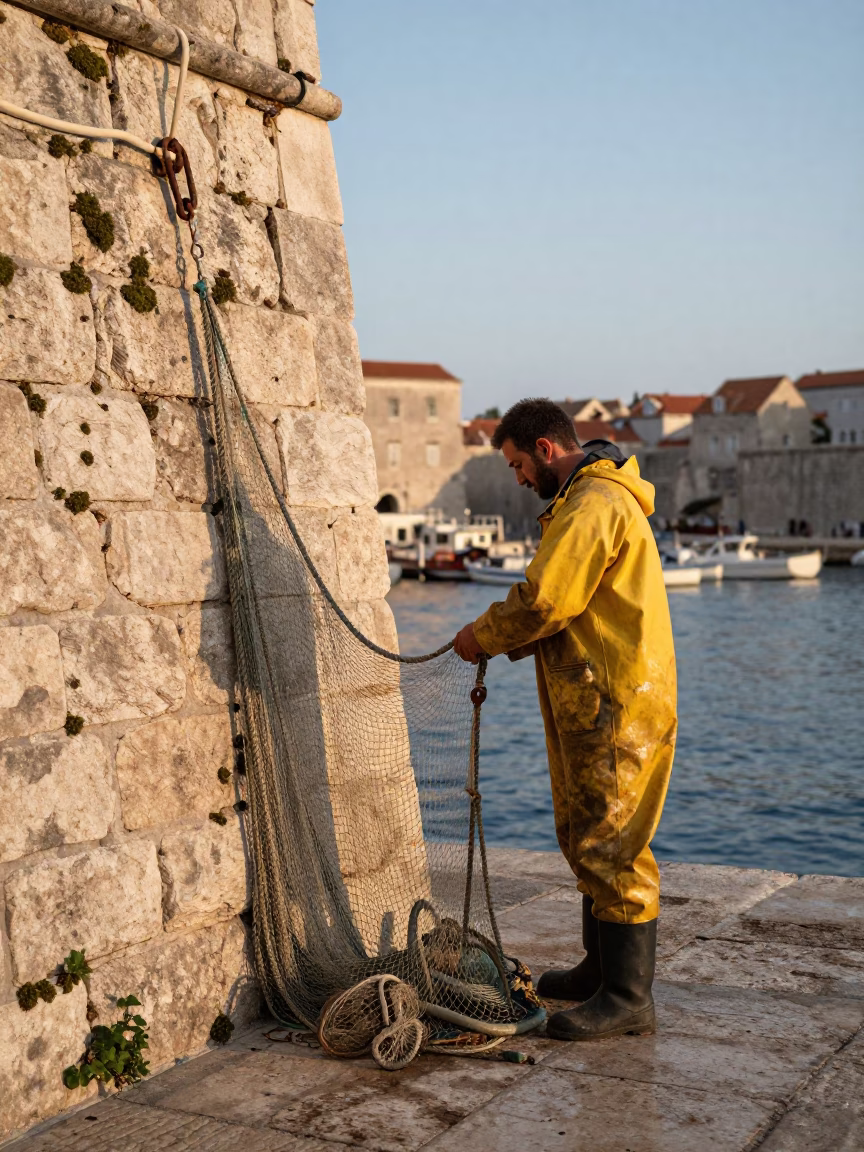 Croatian Fisherman Securing Net on Old Port Stone Quay at Nautical Dawn in in Dubrovnik, Croatia