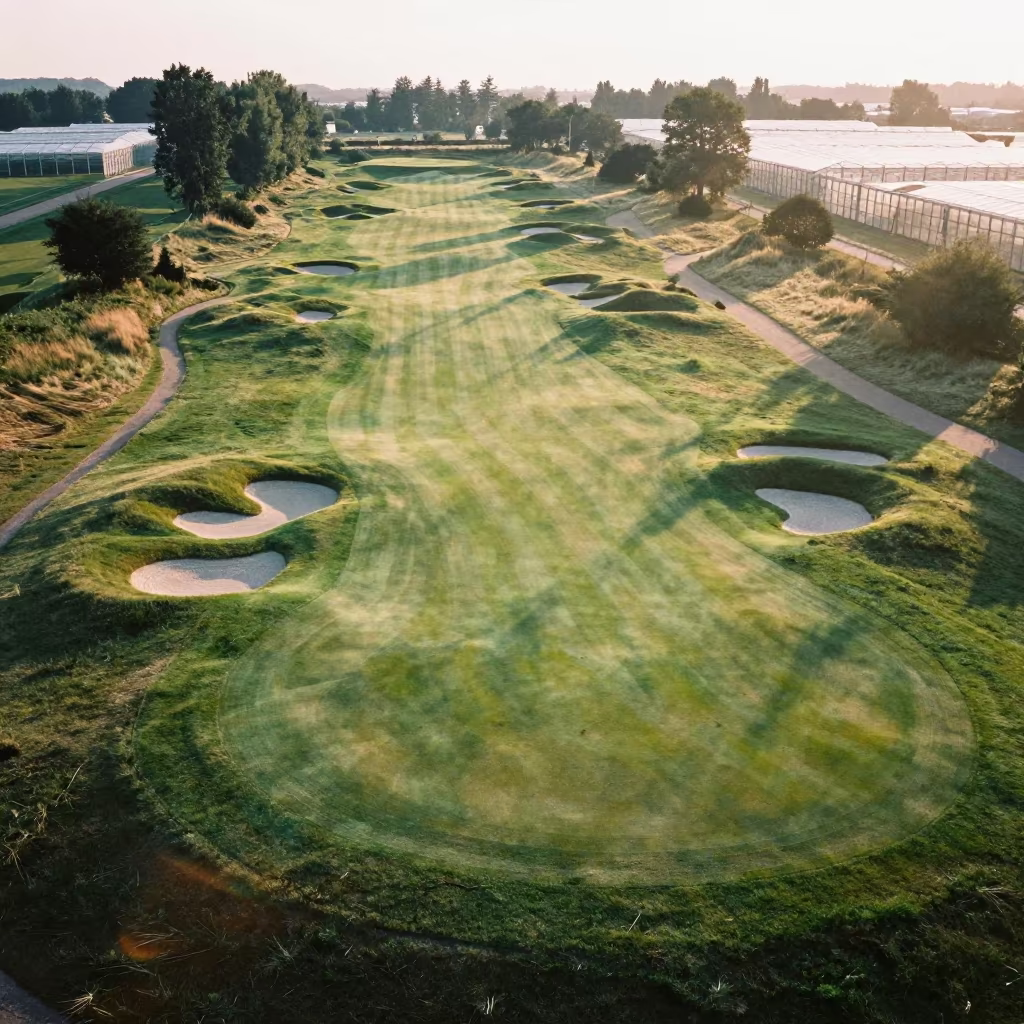 Croatian Golf Course Aerial View Sunrise in high over greenhouse grids in Croatia
