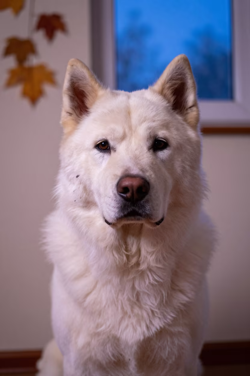 Croatian Sheepdog Portrait in Neon Light in beside a plain plaster wall in soft indoor light with the animal centered in frame in Houston