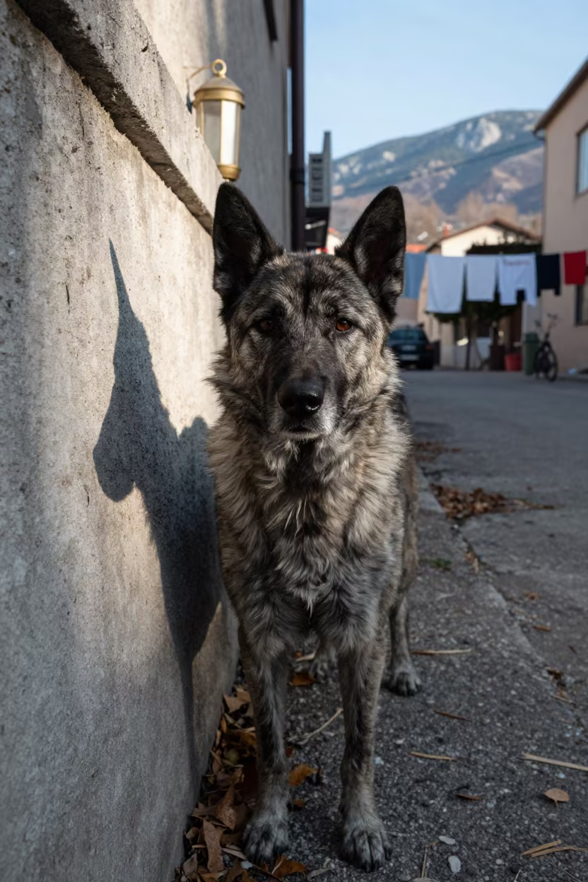 Croatian Sheepdog Portrait in Singapore Courtyard in beside a plain courtyard wall in clear daylight with the animal at eye level near Chinatown, Singapore