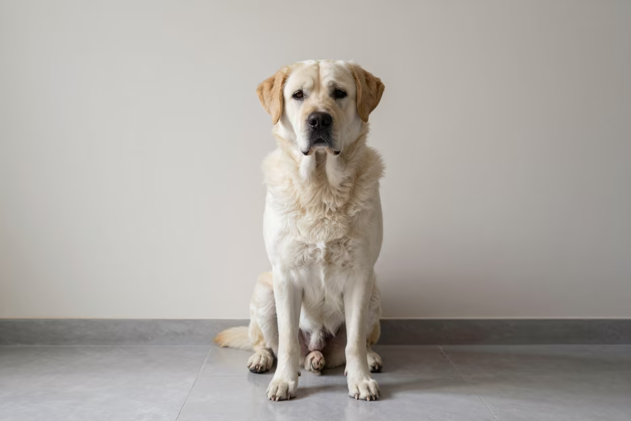 Croatian Sheepdog Portrait Near Kamakura Wall in beside a plain plaster wall in soft indoor light with the animal centered in frame near Kamakura