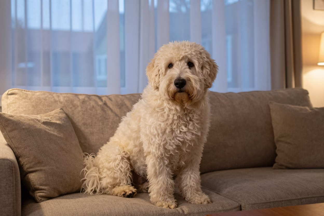 Croatian Sheepdog Portrait on Sofa Near Window in on a sofa near a curtained window with calm indoor light near Delmas