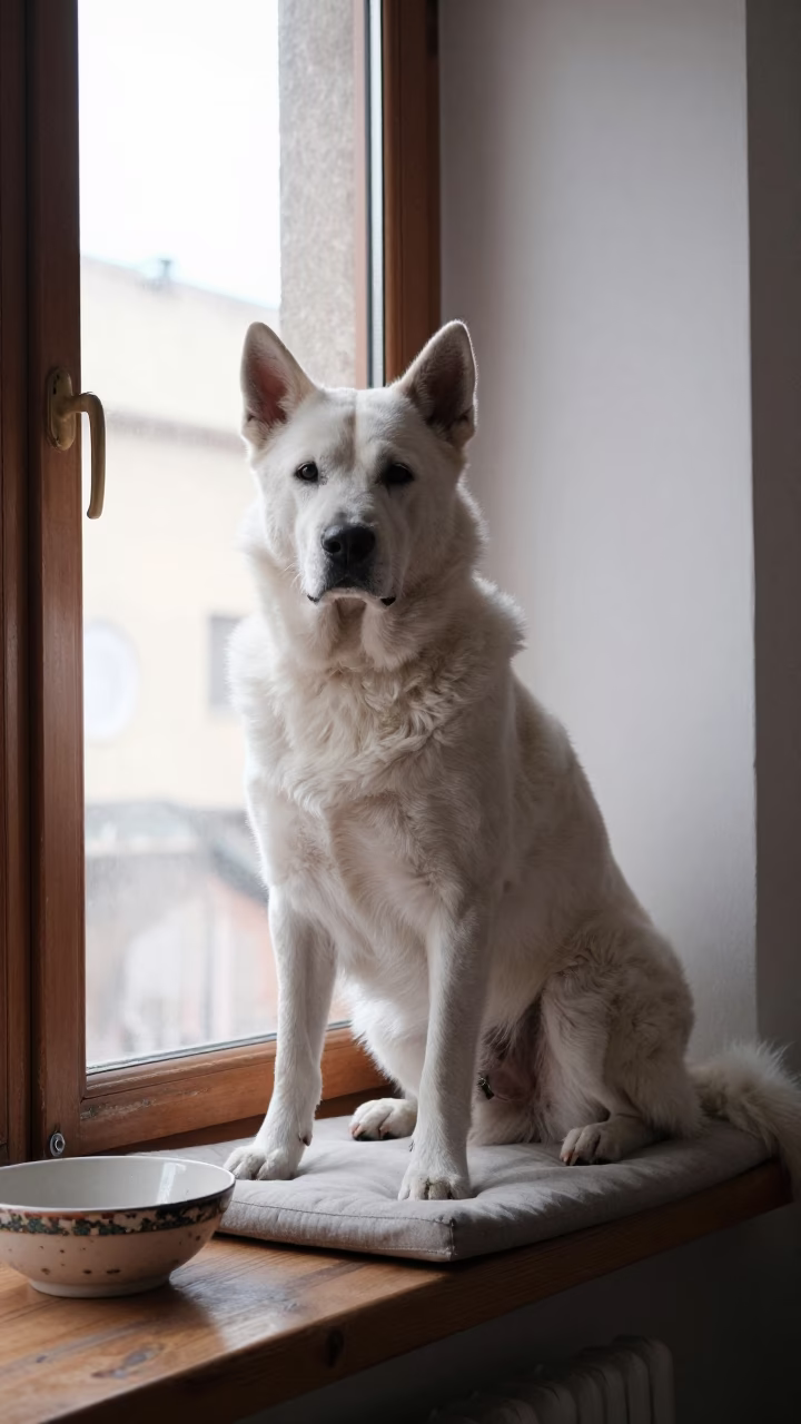 Croatian Sheepdog Portrait on Window Seat in Godoy Cruz in on a cushioned window seat with soft side light and an uncluttered background in Godoy Cruz