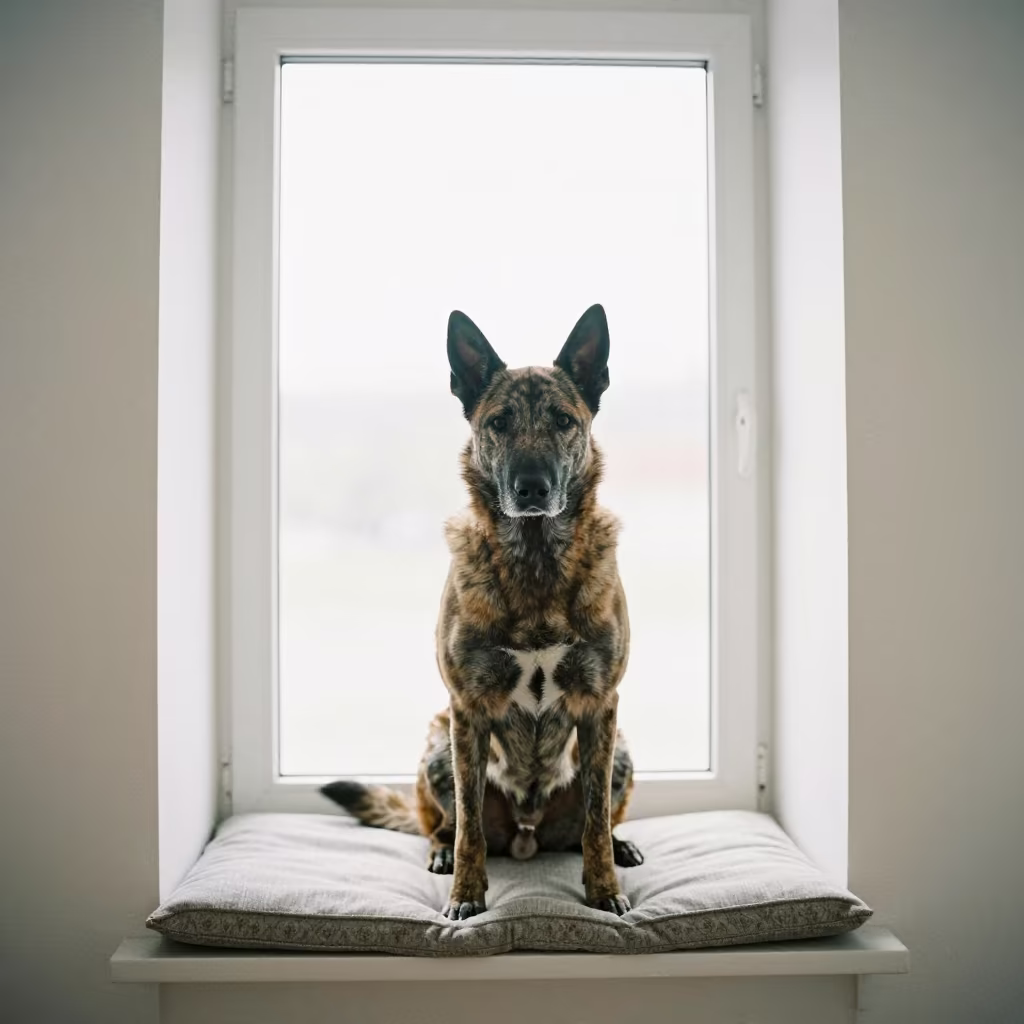 Croatian Sheepdog Portrait on Window Seat Noon Light in on a cushioned window seat with soft side light and an uncluttered background in Soma