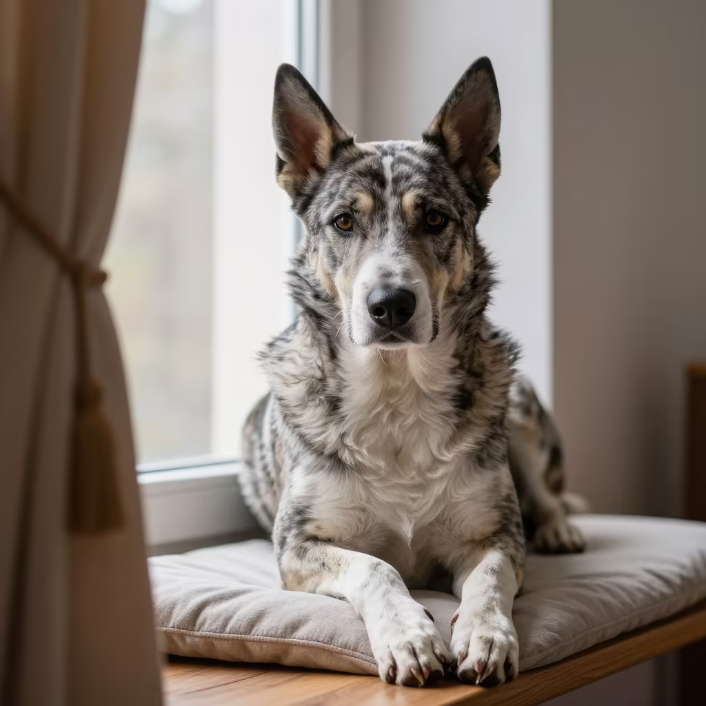 Croatian Sheepdog Portrait on Window Seat in on a cushioned window seat with soft side light and an uncluttered background in Bareilly
