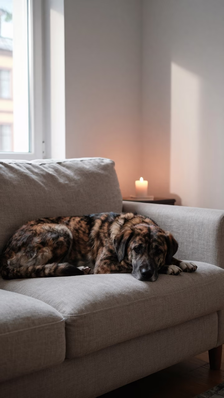 Croatian Sheepdog Resting on Linen Sofa in Warsaw in on a linen sofa with daylight from a nearby window near Warsaw