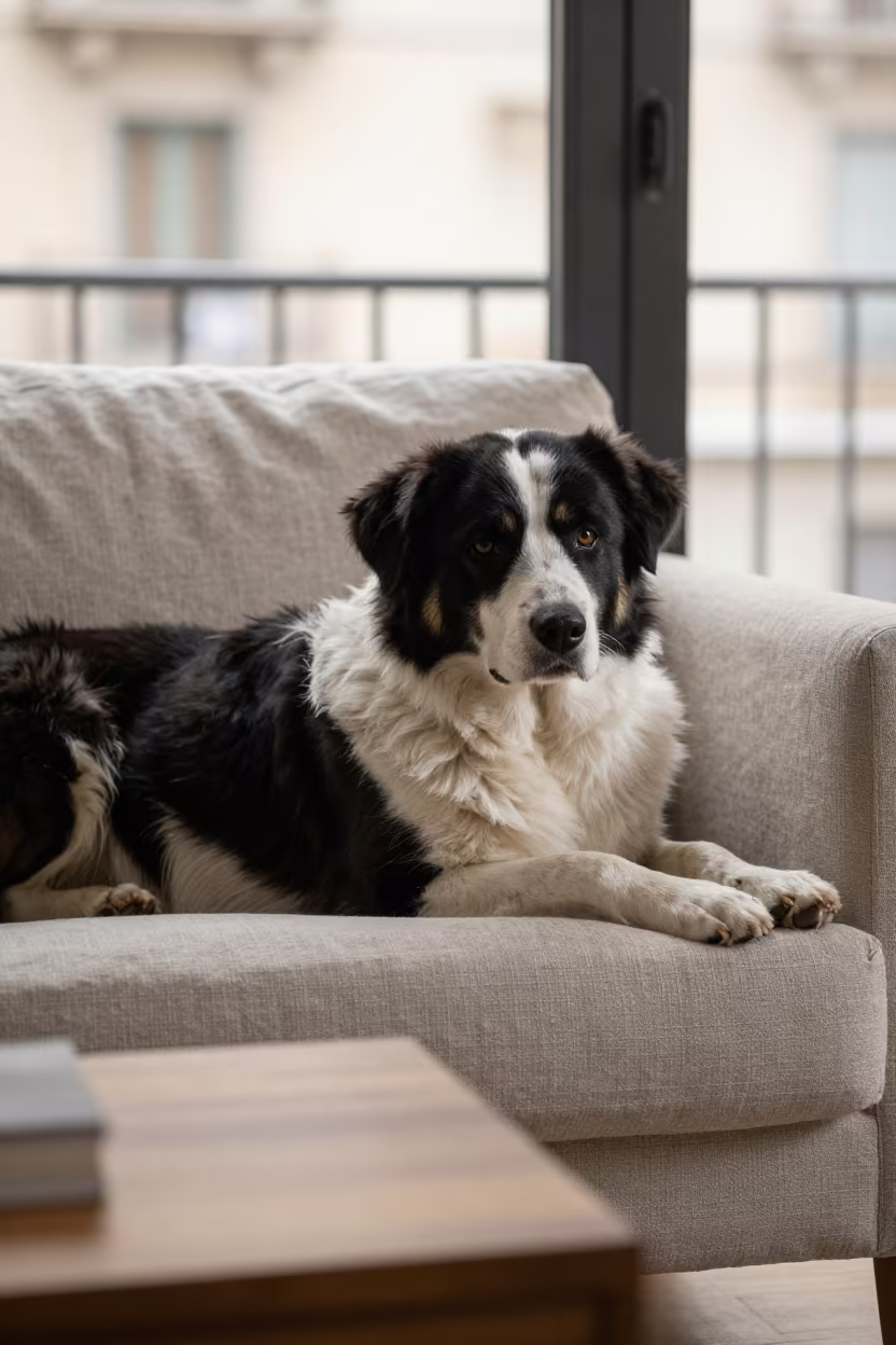Croatian Sheepdog Resting on Linen Sofa in on a linen sofa with daylight from a nearby window near Barcelona