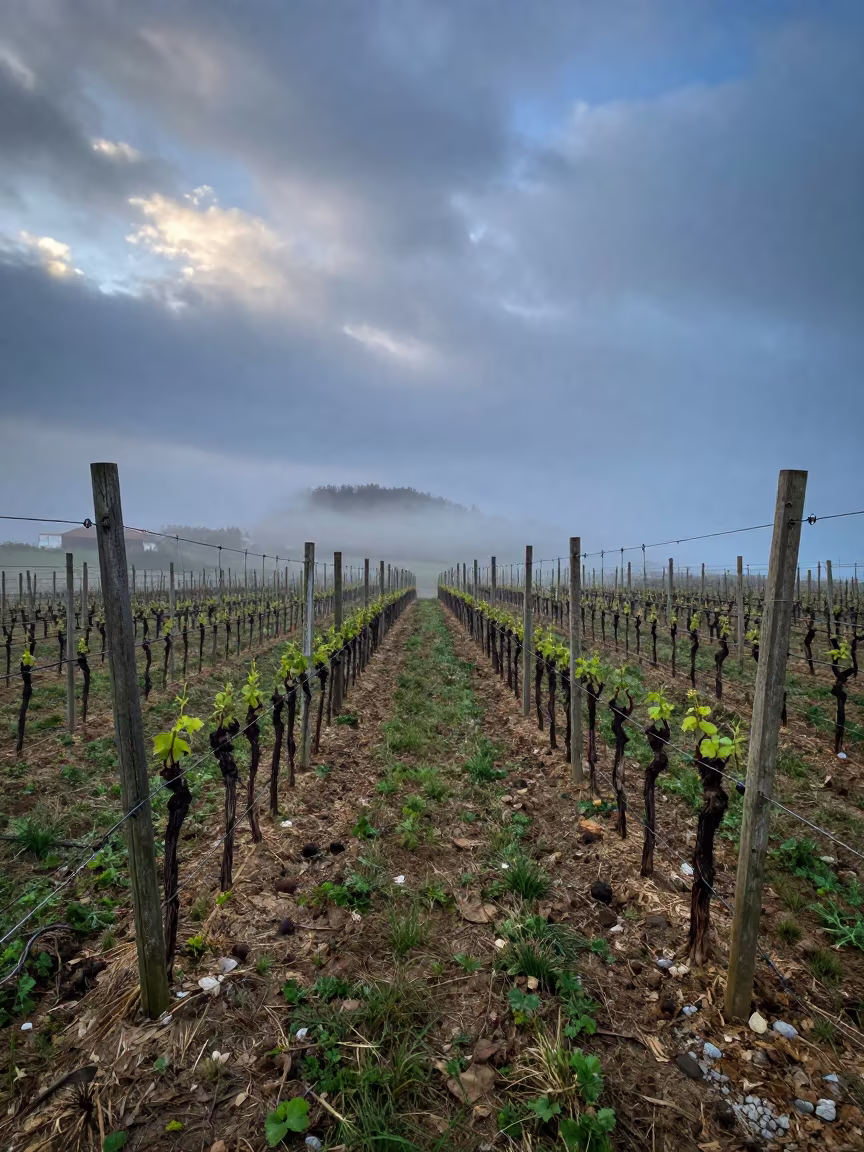 Croatian Vineyard Posts in Morning Mist in between vineyard trellises in Croatia