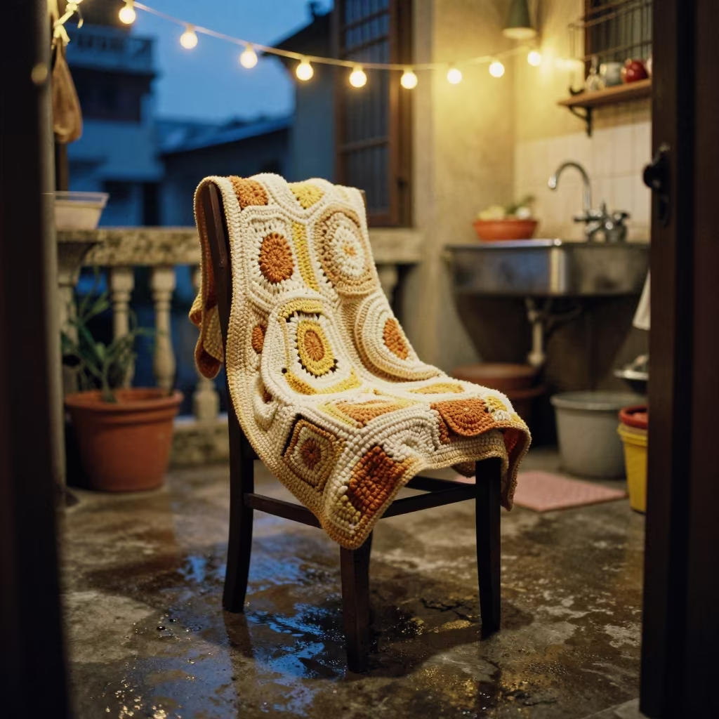 Crochet Blanket on Chair in Hanoi Kitchen in in a cozy kitchen near Hanoi