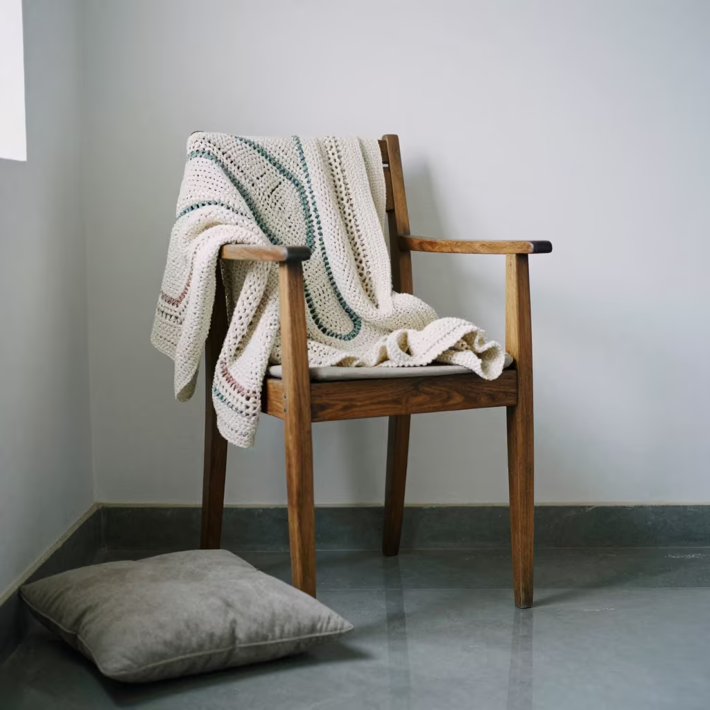 Crochet Blanket on Wooden Chair in Maiduguri in on a reading nook cushion in Maiduguri