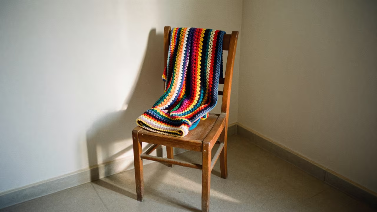 Crochet Blanket on Wooden Chair Noon Light in in a sunlit living room in Faiyum