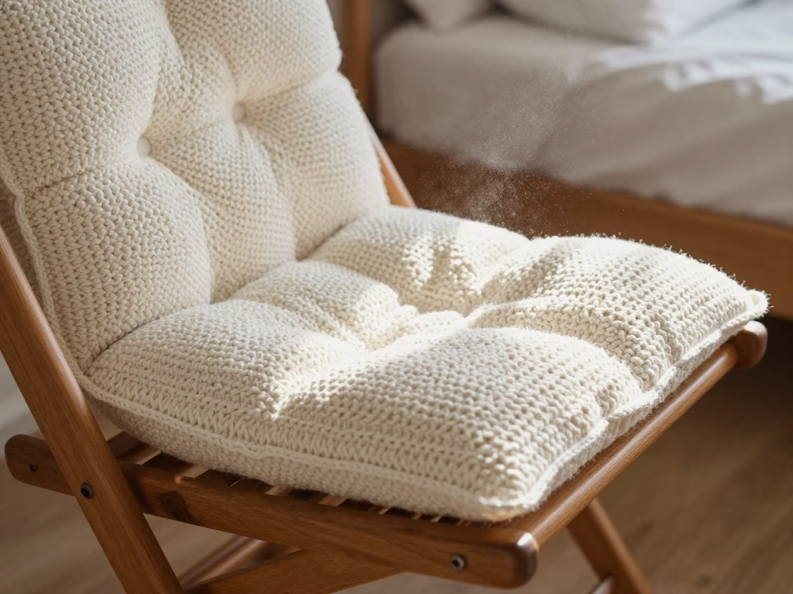 Crochet Cushion on Chair in Fluorescent Bedroom Light in in a candlelit bedroom in Alcobendas