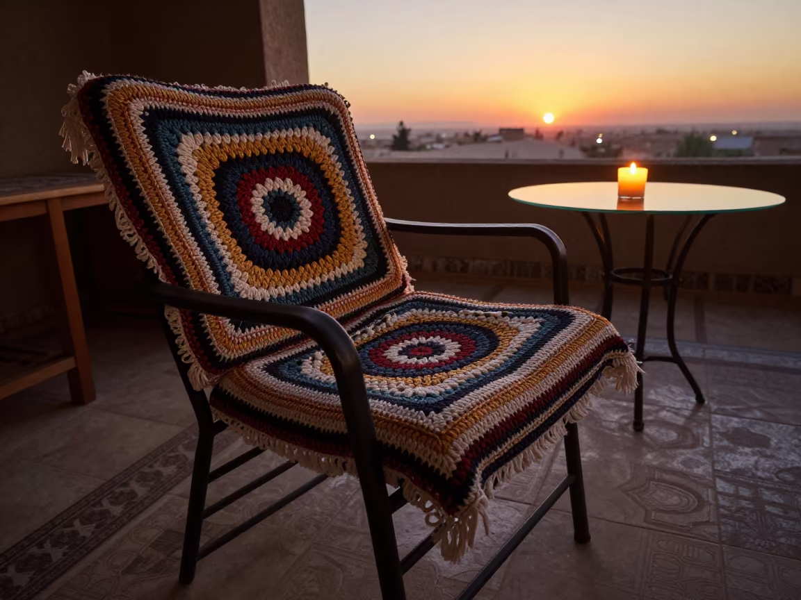 Crochet Cushion on Garden Chair Mansoura in in a sunlit living room in Mansoura
