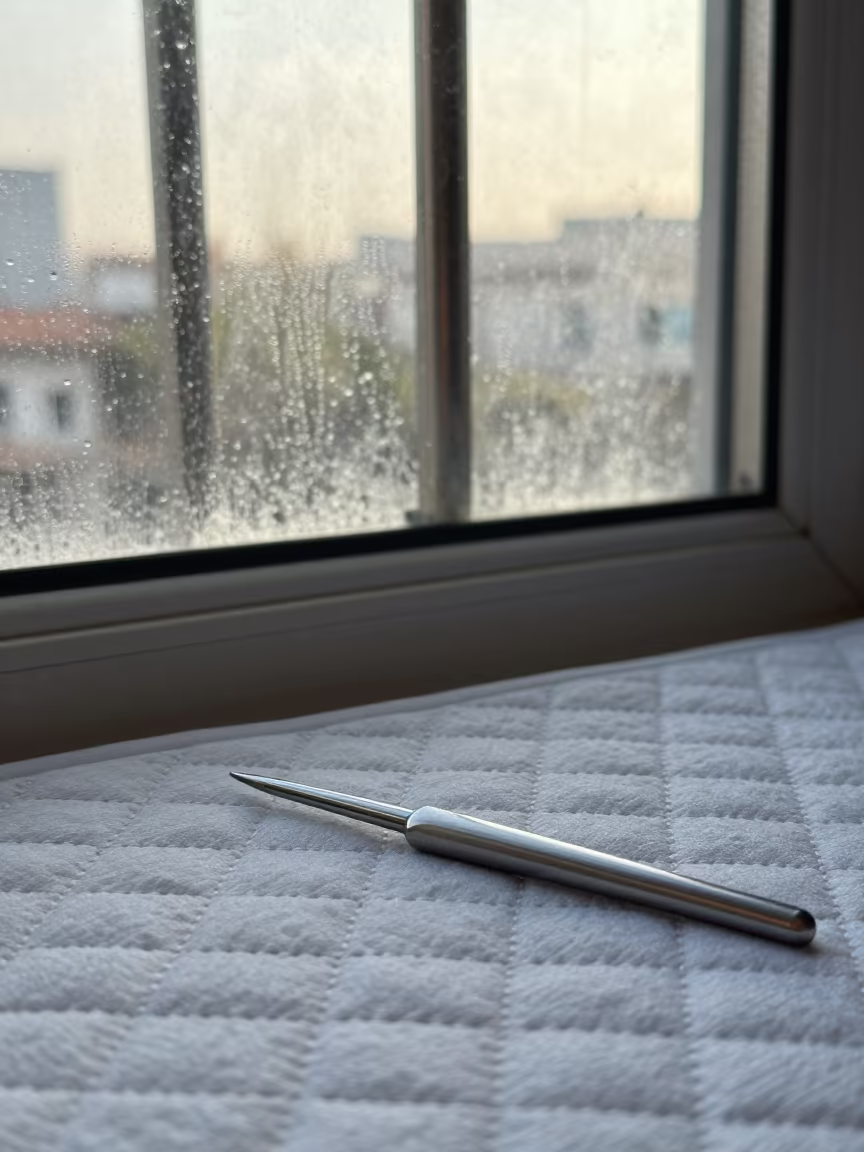 Crochet Hook on Quilted Mat Late Afternoon in on a pier railing in Kut