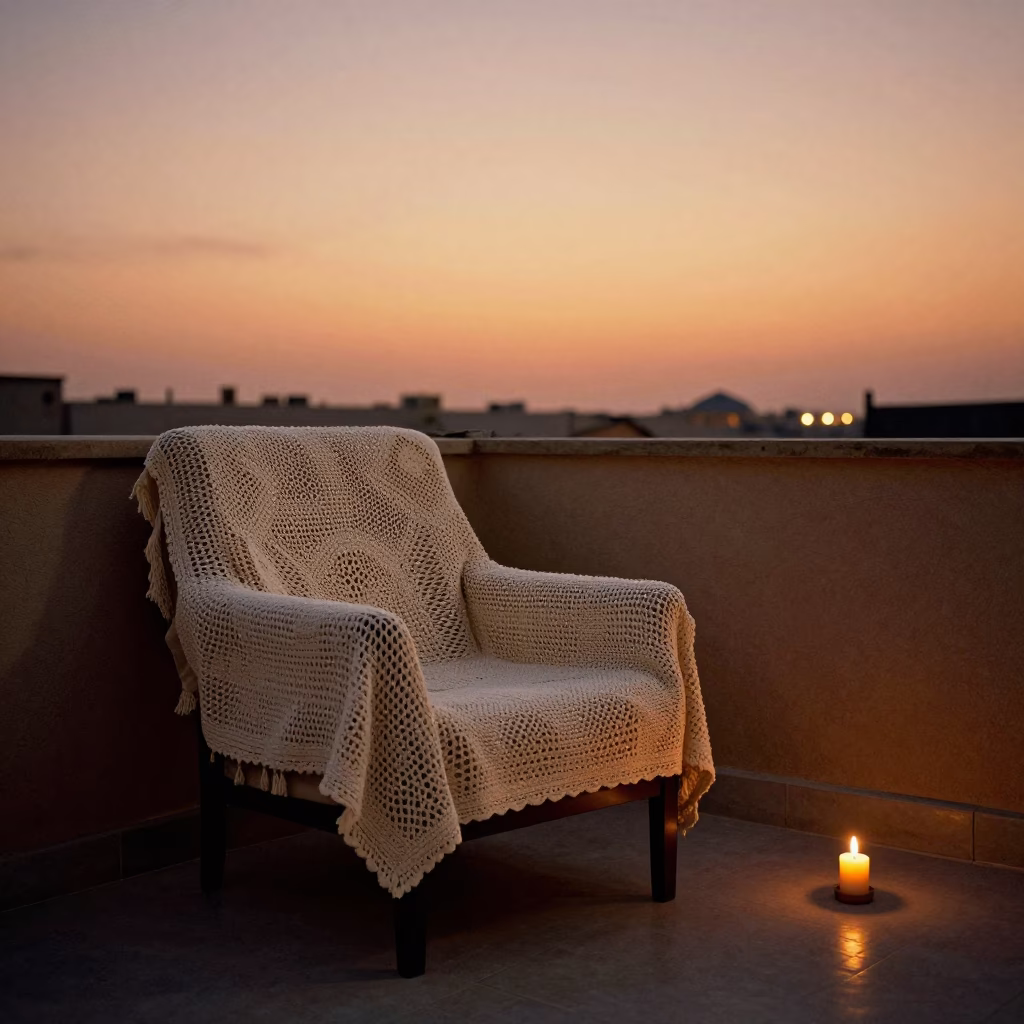Crocheted Cushion on Garden Chair in Karbala Bedroom in in a candlelit bedroom in Karbala