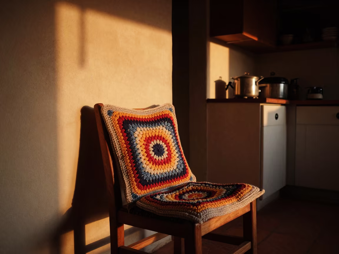 Crocheted Cushion on Kitchen Chair at Sunset in in a cozy kitchen near Mombasa