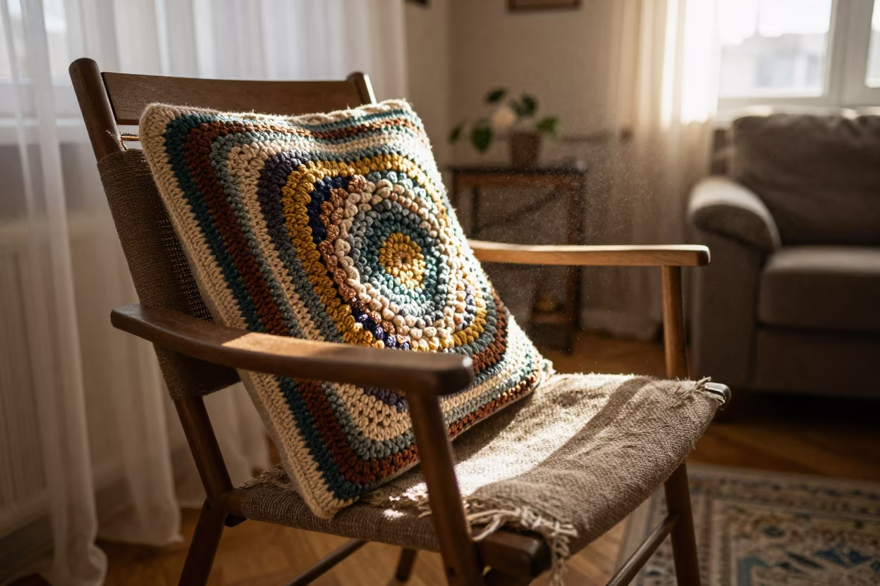 Crocheted Cushion in Late Afternoon Minsk Light in in a sunlit living room in Minsk