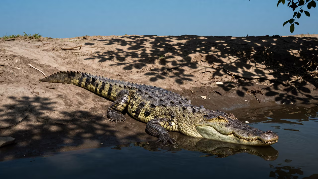 Crocodile Lurking in Dappled Water Near City in along a game trail near Ho Chi Minh City