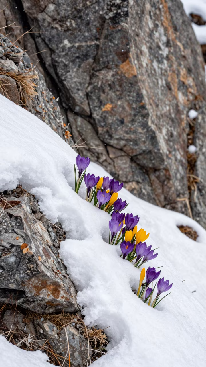 Crocuses Bloom Through Spring Snow on Alberta Cliff in along a salt-sprayed cliff edge in Alberta