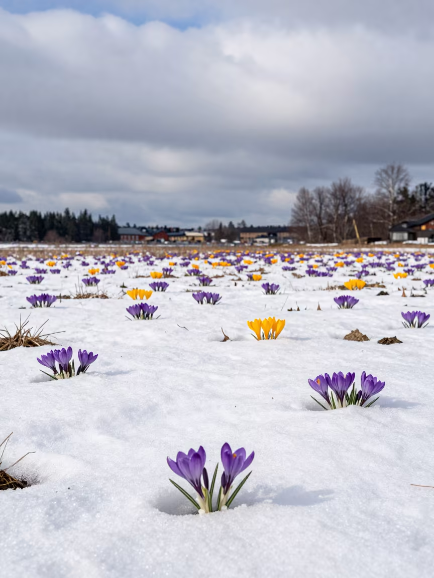 Crocuses Poking Through Spring Snow in Stockholm in in a bloom-heavy meadow near SOFO, Stockholm