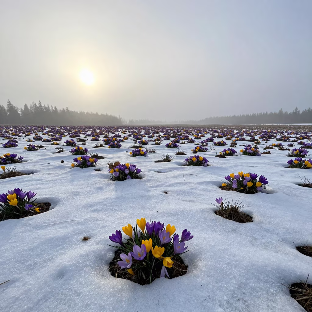 Crocuses Emerging Through Spring Snow in Finnish Meadow in in a bloom-heavy meadow in Finland