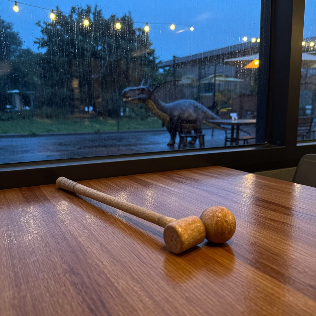 Croquet Mallet and Ball on Cafe Table at Twilight in on a cafe table by a window in Mandsaur