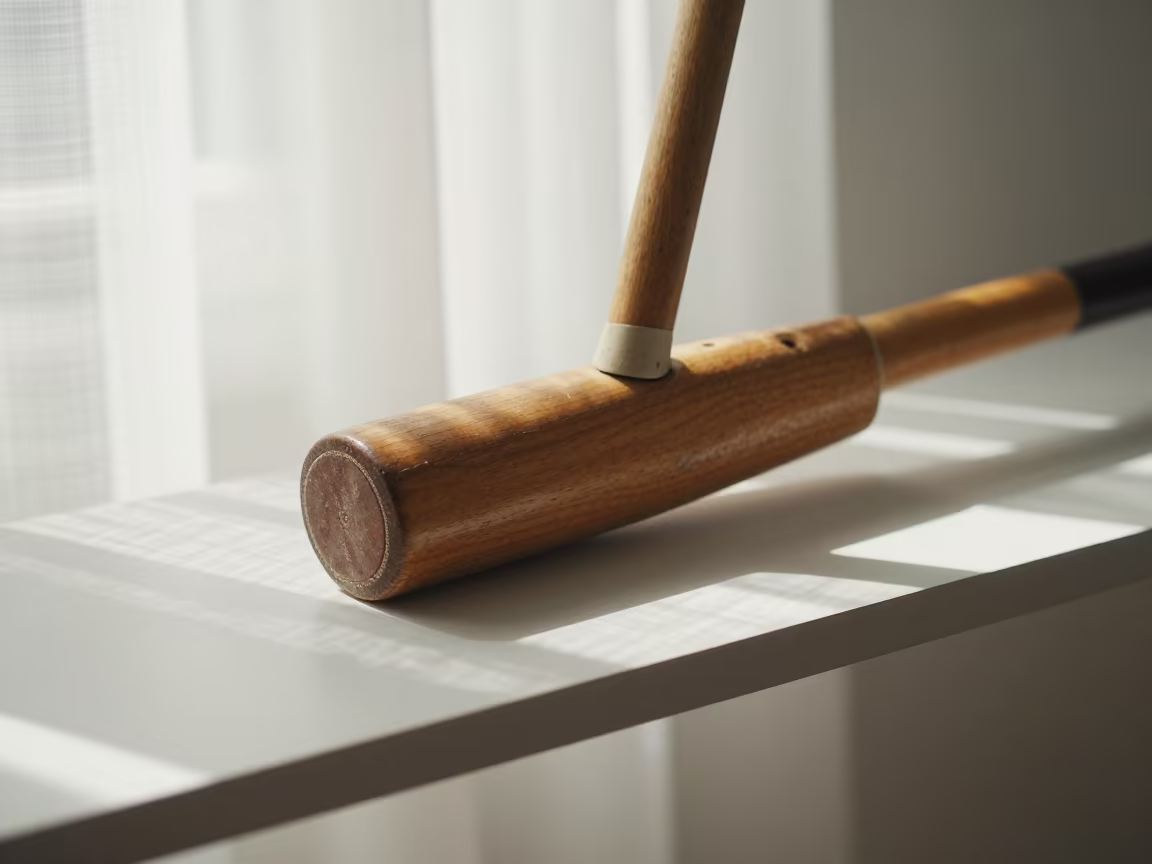 Croquet Mallet on Sunlit Adama Shelf in on a pier railing in Adama