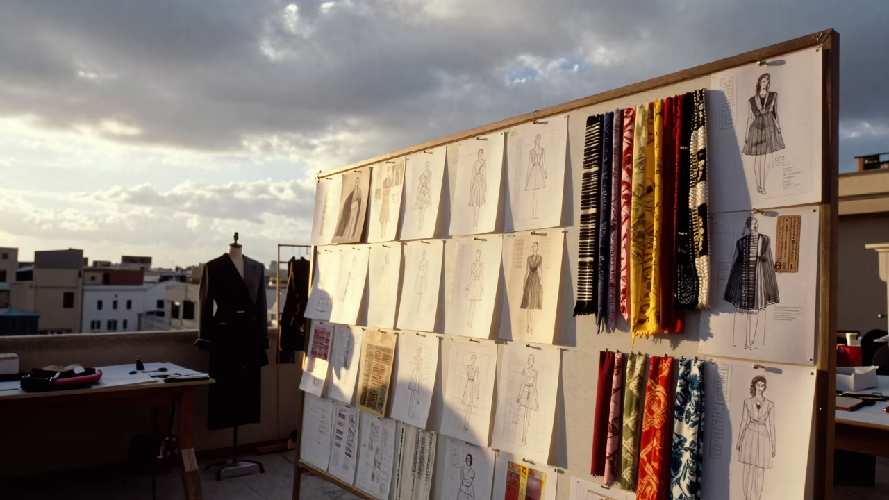 Croquis and Swatch Chains on Atelier Pin Wall in inside a couture atelier near Mohammedia