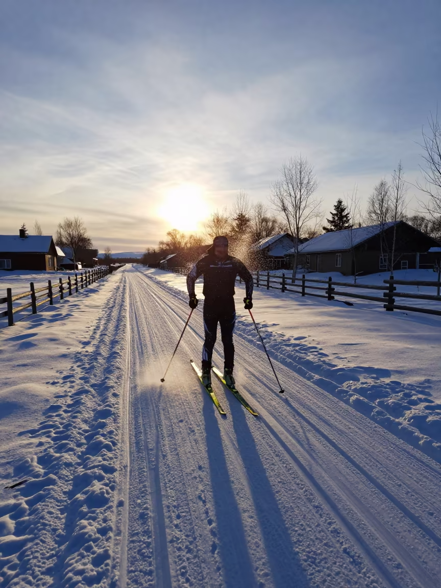 Cross Country Skier Golden Light Fairbanks Trail in in a village lane near Fairbanks