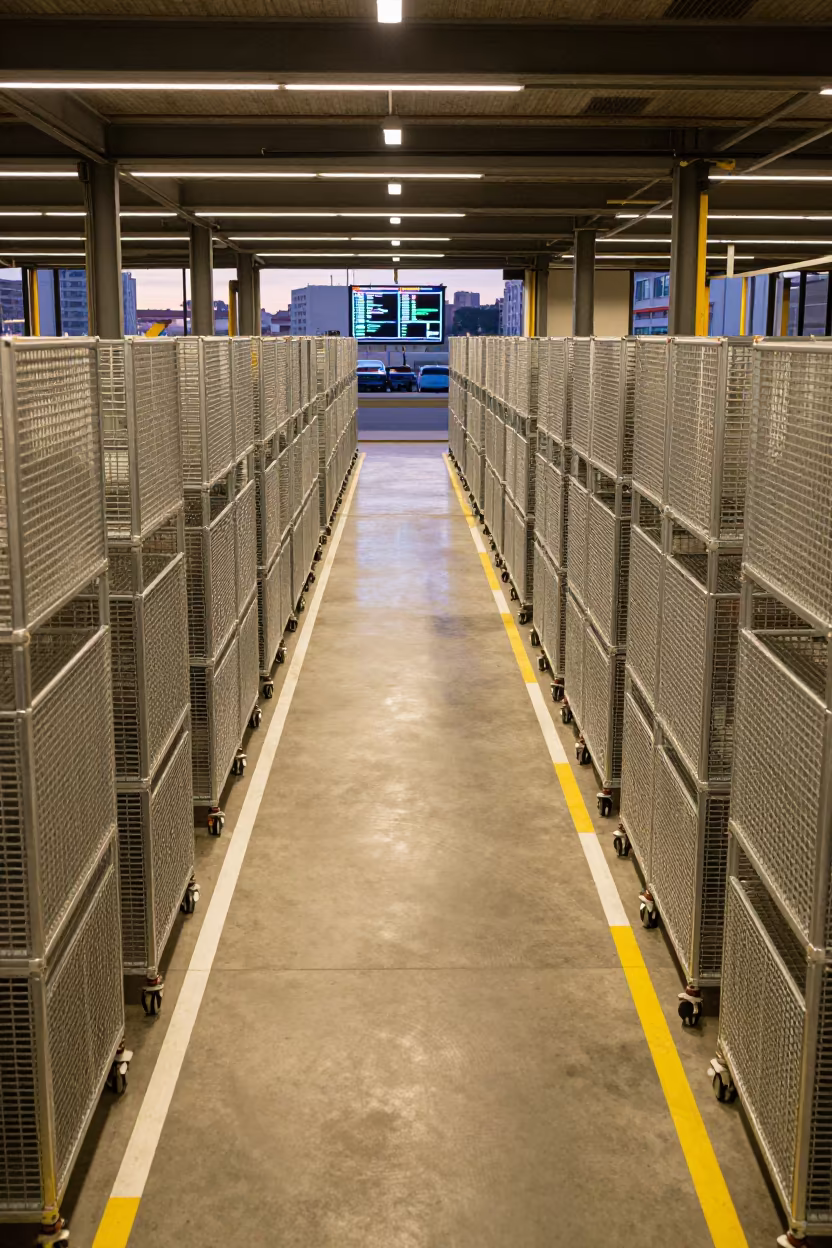 Cross-dock Lane Rolling Cages Dispatch Glow Poblenou in inside a warehouse aisle in Poblenou, Barcelona